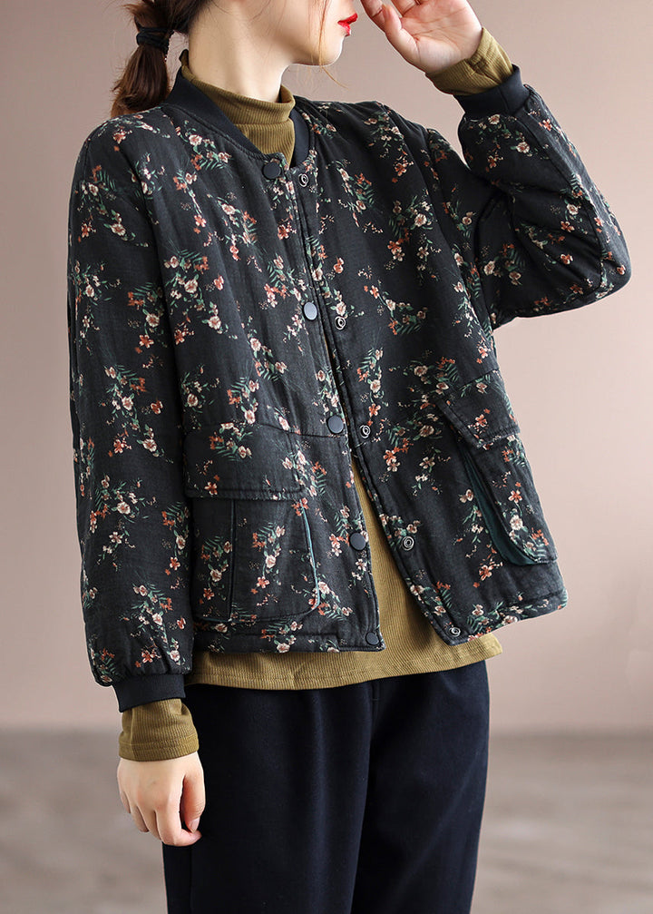 Drune | Schwarze Drucktaschen Patchwork Feine Baumwollgefüllte Jacken Winter