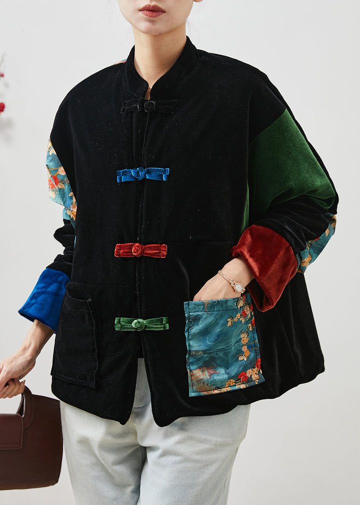 Drune | Schwarze Dicke Patchwork-Taschen Seidenvelours Orientalische Mäntel Winter