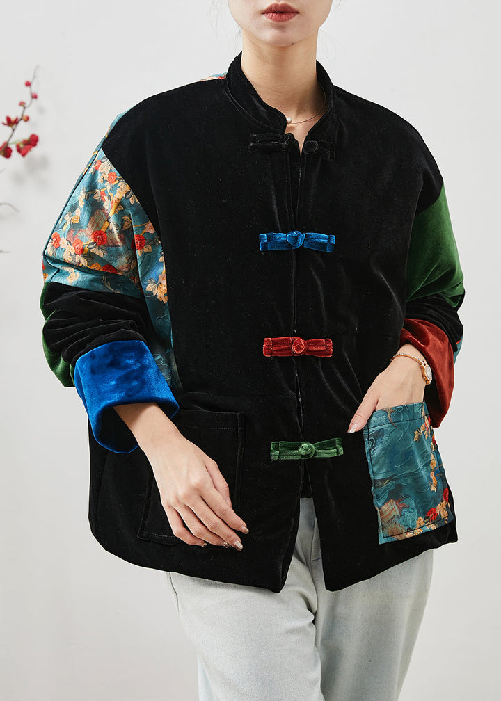 Drune | Schwarze Dicke Patchwork-Taschen Seidenvelours Orientalische Mäntel Winter