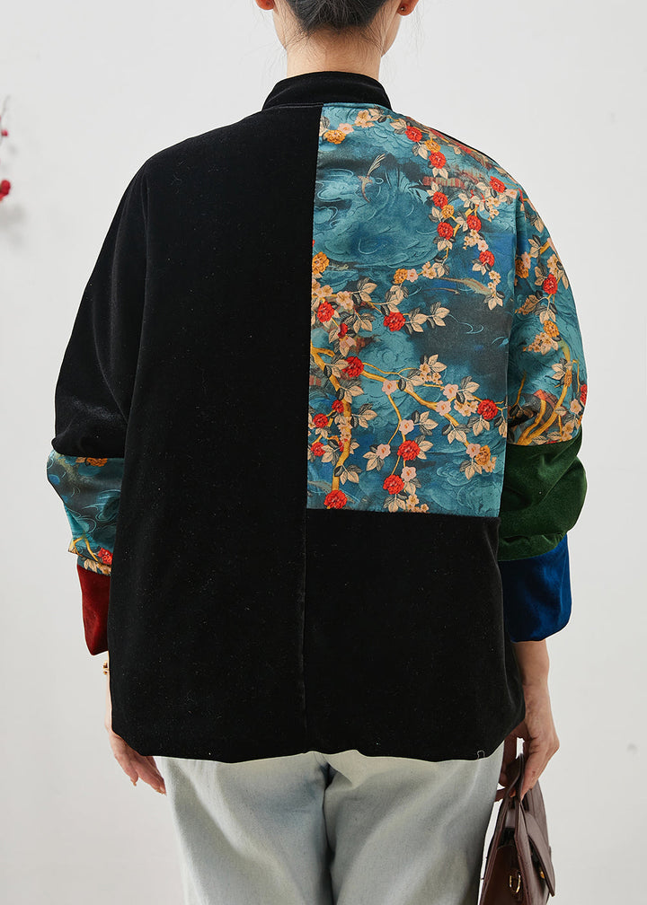 Drune | Schwarze Dicke Patchwork-Taschen Seidenvelours Orientalische Mäntel Winter