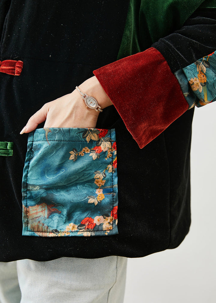Drune | Schwarze Dicke Patchwork-Taschen Seidenvelours Orientalische Mäntel Winter