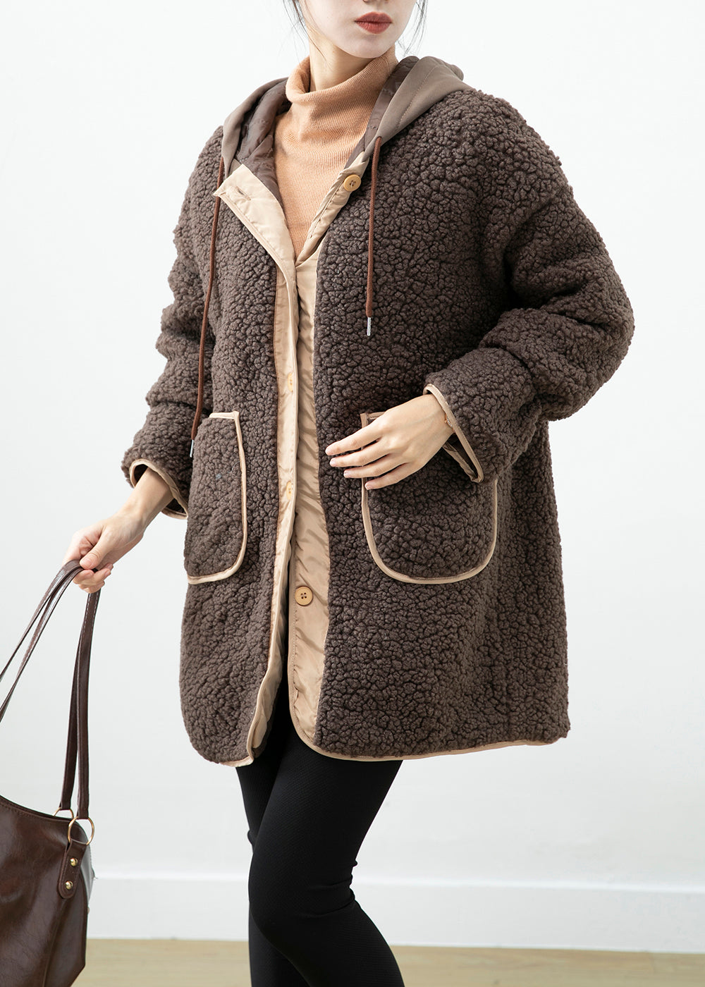 Drune | Schokoladen Kapuzen-Patchwork-Taschen Teddy-Faux-Fur-Mäntel Winter