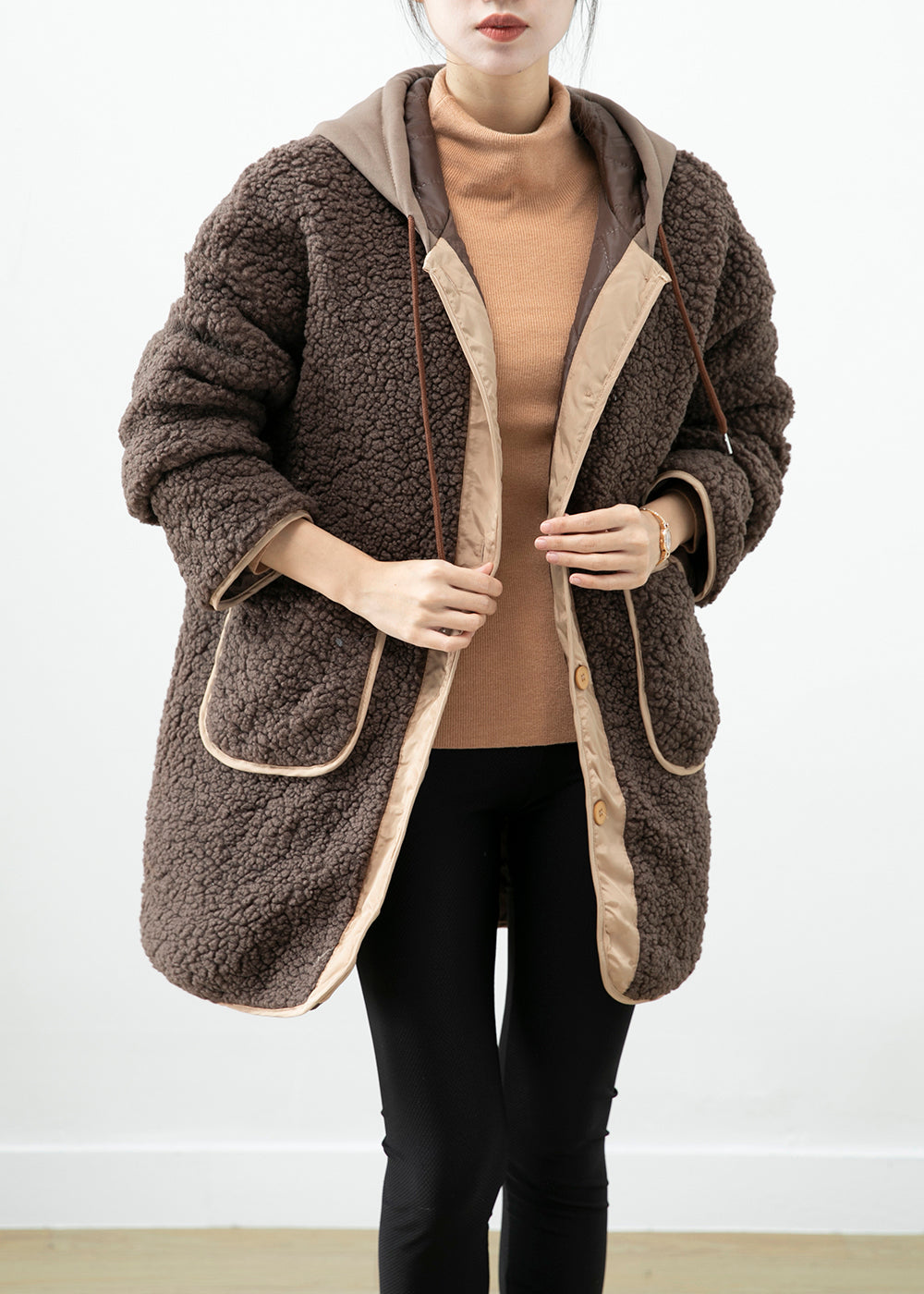 Drune | Schokoladen Kapuzen-Patchwork-Taschen Teddy-Faux-Fur-Mäntel Winter