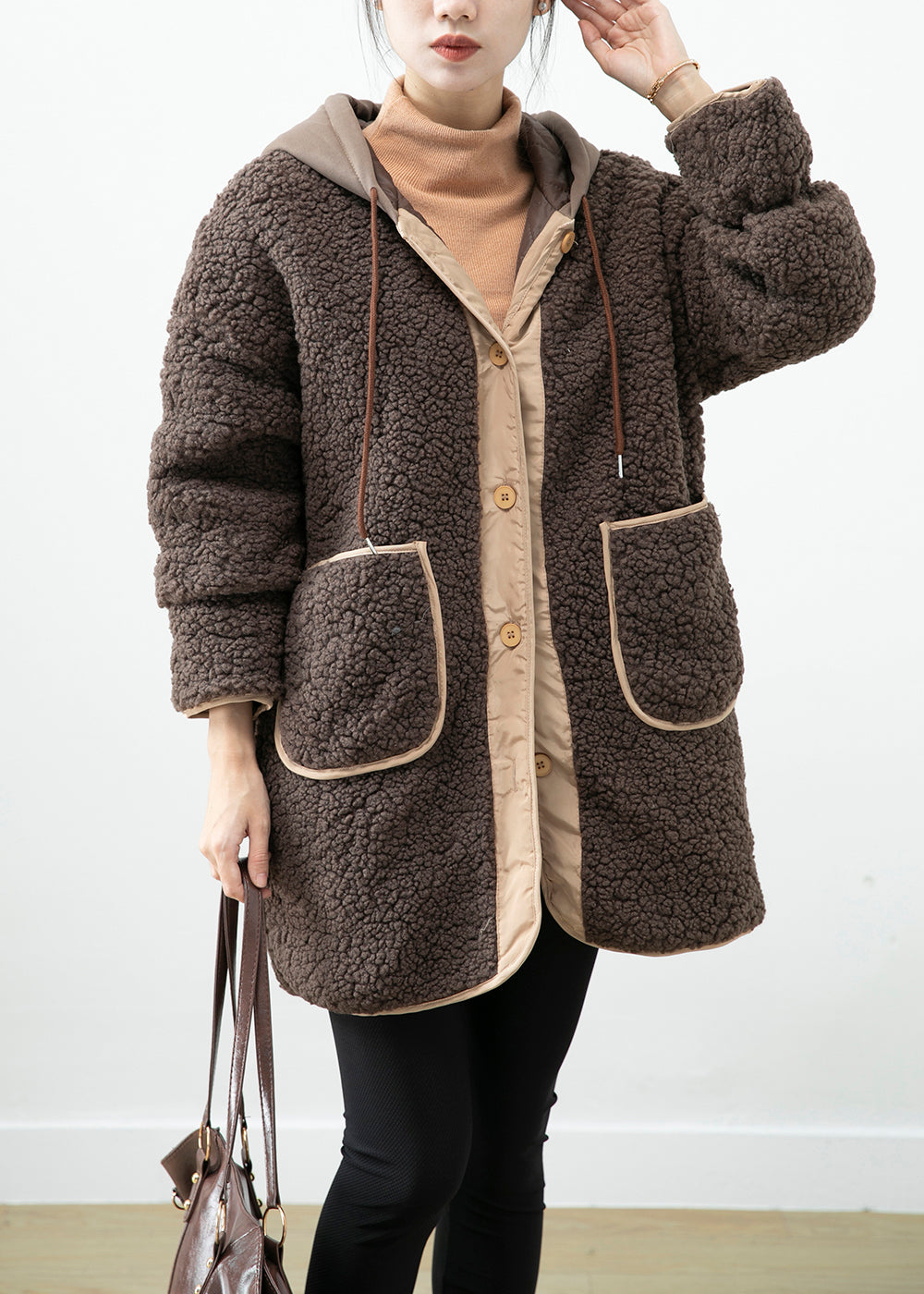 Drune | Schokoladen Kapuzen-Patchwork-Taschen Teddy-Faux-Fur-Mäntel Winter