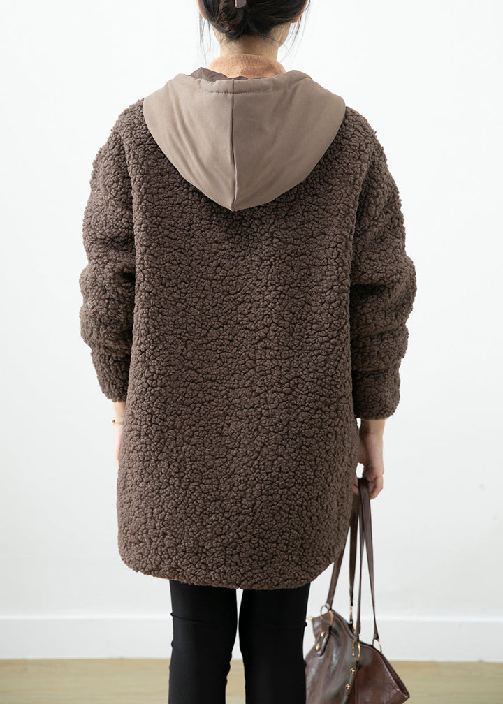 Drune | Schokoladen Kapuzen-Patchwork-Taschen Teddy-Faux-Fur-Mäntel Winter