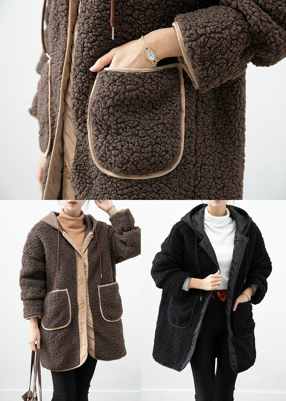 Drune | Schokoladen Kapuzen-Patchwork-Taschen Teddy-Faux-Fur-Mäntel Winter