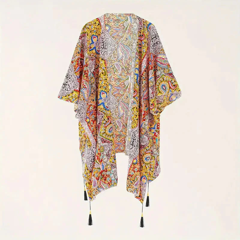 Drune | Kimono, Paisley Druck, Offene Front, Bikini-Cover Up, Strand-Kimono