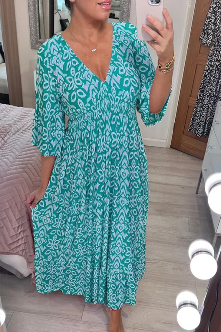 Drune | Kleid V-Ausschnitt Halbe Ärmel Maxikleid Freizeitkleid