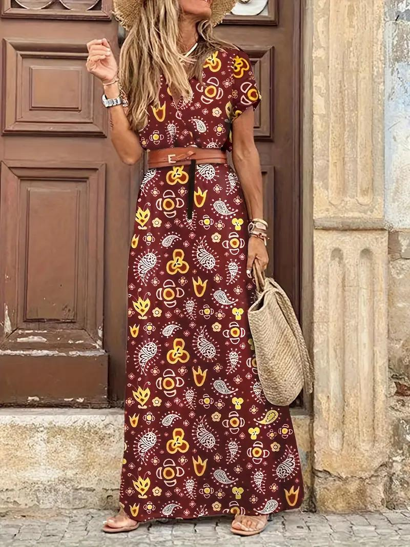 Drune | Kleid, kurzärmlig, Gürtel, Maxikleid, Sommerkleid