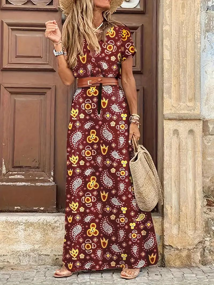 Drune | Kleid, kurzärmlig, Gürtel, Maxikleid, Sommerkleid