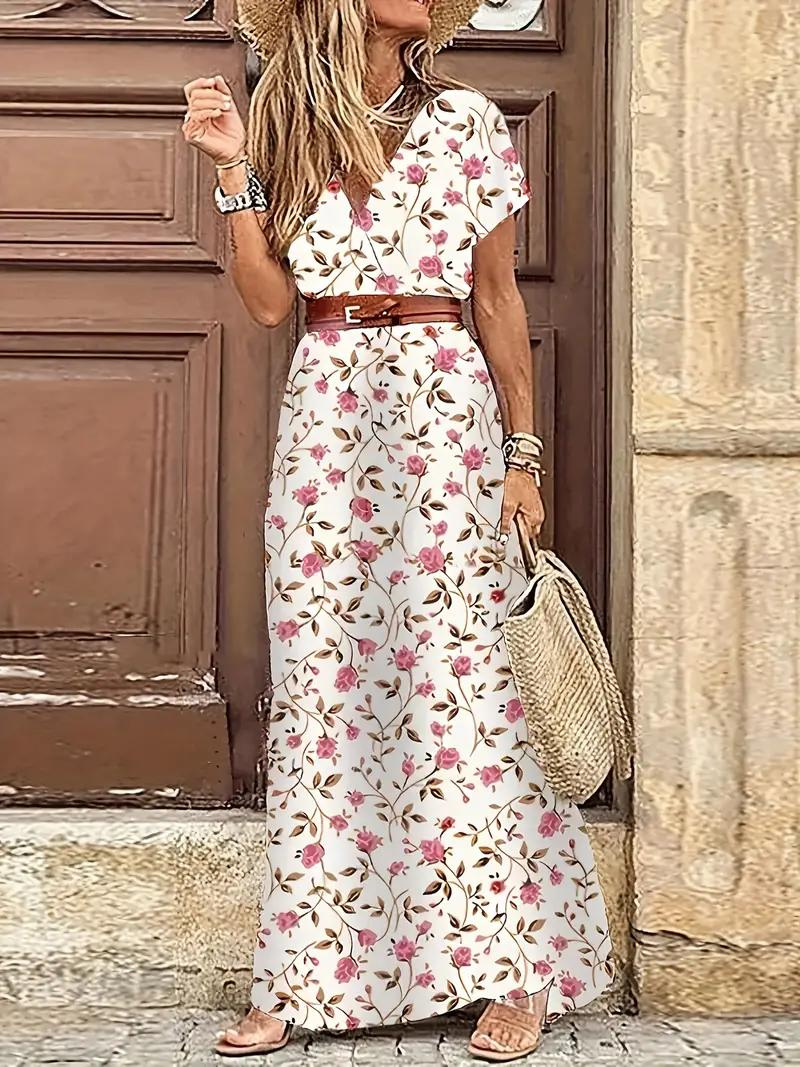 Drune | Kleid, kurzärmlig, Gürtel, Maxikleid, Sommerkleid