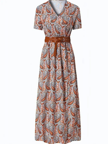Drune | Kleid, kurzärmlig, Gürtel, Maxikleid, Sommerkleid