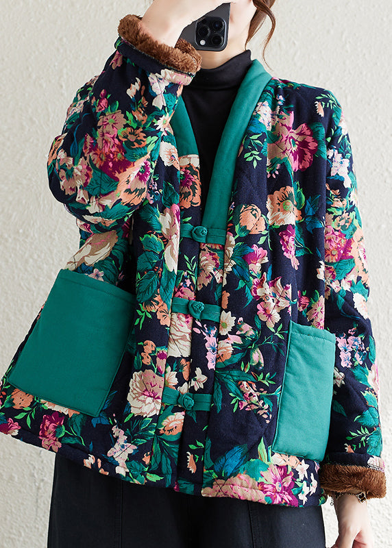 Drune | Marine V-Ausschnitt Taschen Print Feine Baumwolle Gefüllte Jacken Winter