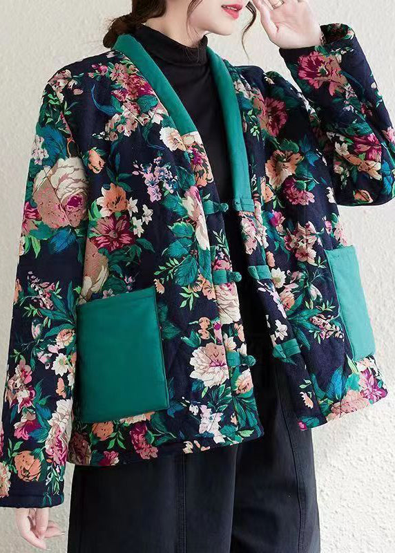 Drune | Marine V-Ausschnitt Taschen Print Feine Baumwolle Gefüllte Jacken Winter