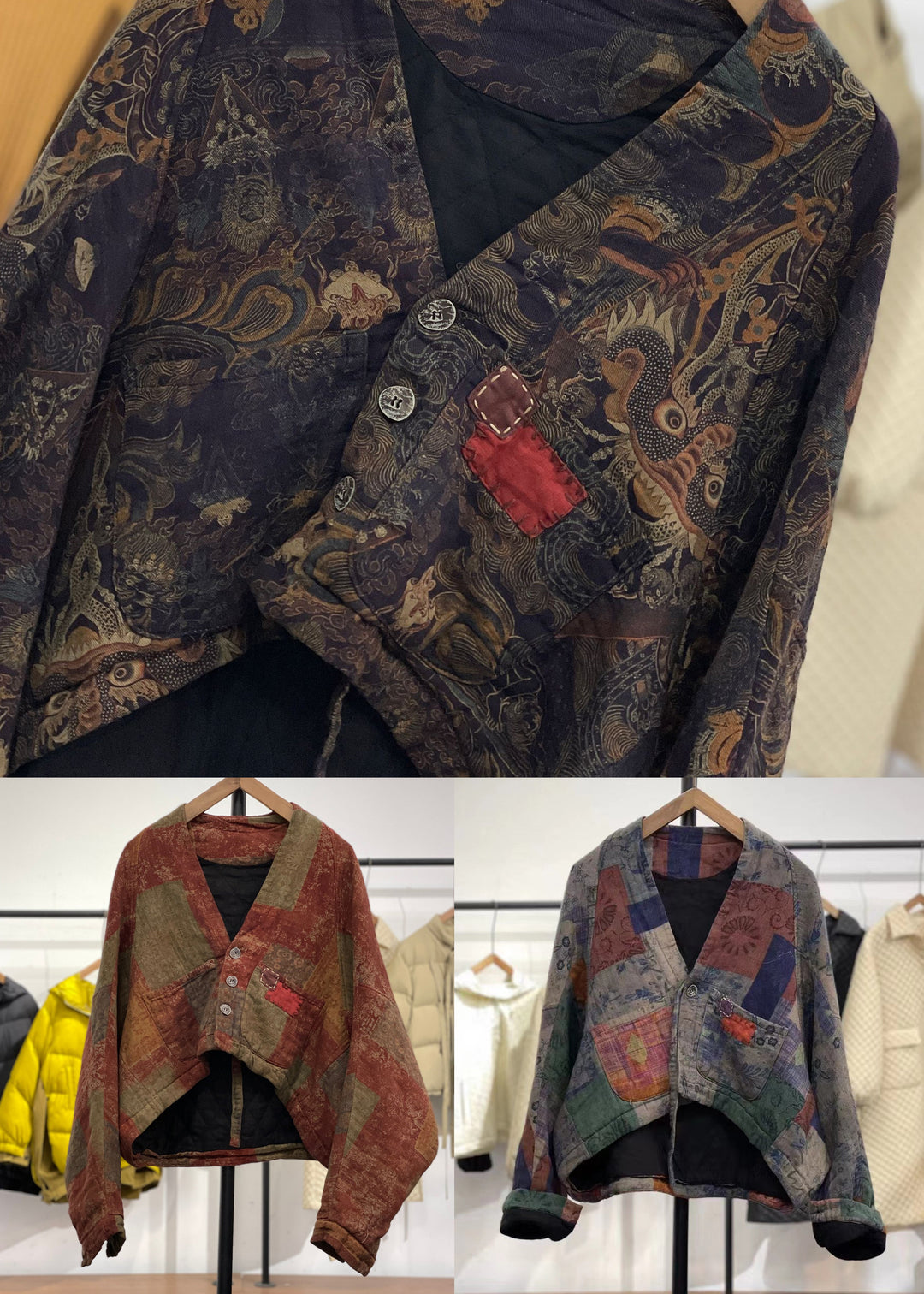 Drune | Lila Asymmetrische Patchwork Feine Baumwollgefüllte Mäntel Winter