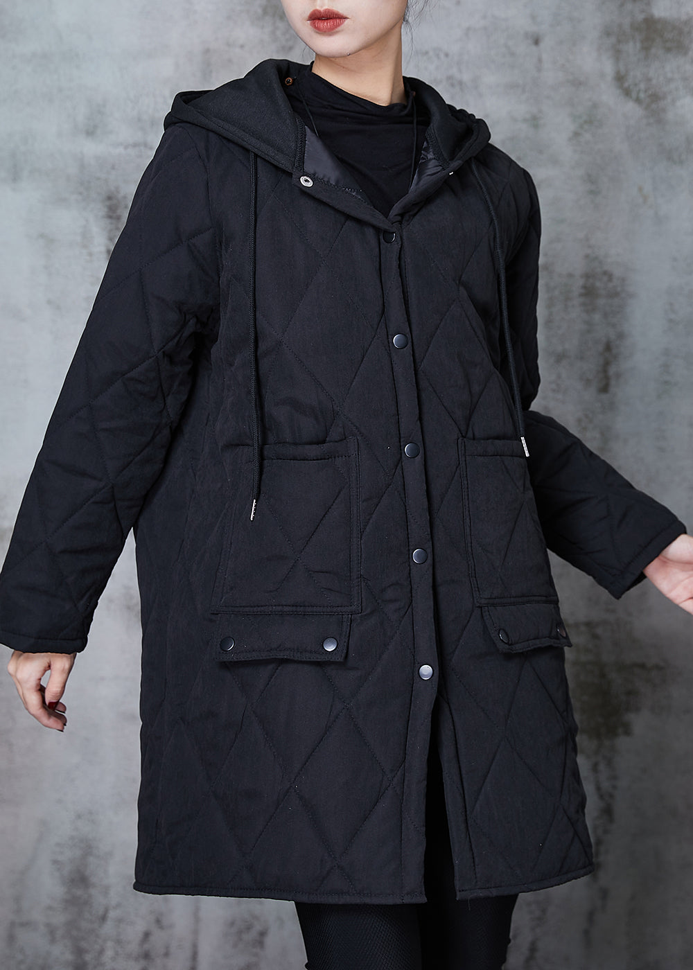 Drune | Schwarze Kapuzen-Patchwork-Fine Cotton gefüllte Jacken