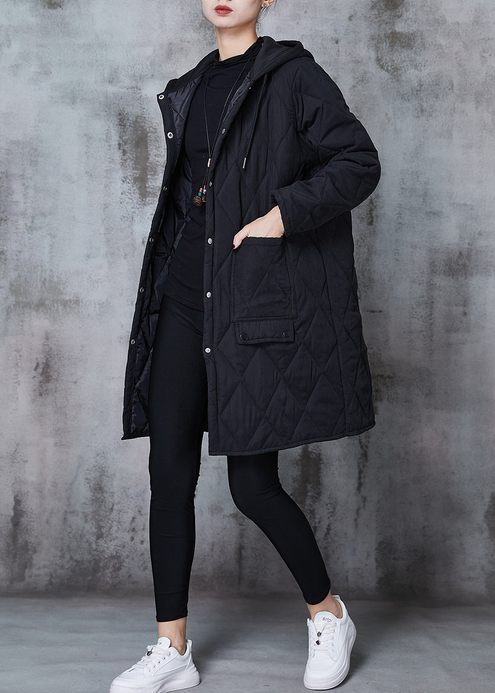 Drune | Schwarze Kapuzen-Patchwork-Fine Cotton gefüllte Jacken