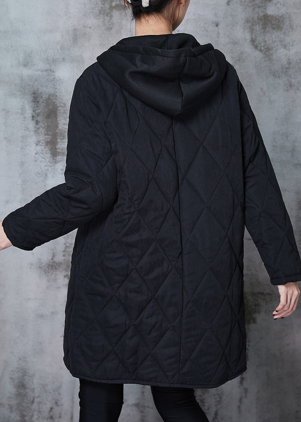 Drune | Schwarze Kapuzen-Patchwork-Fine Cotton gefüllte Jacken