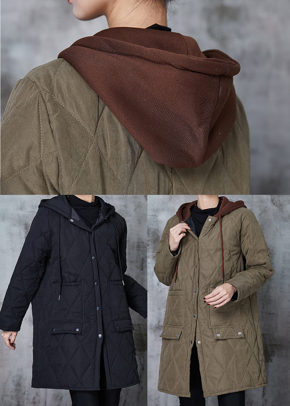 Drune | Schwarze Kapuzen-Patchwork-Fine Cotton gefüllte Jacken
