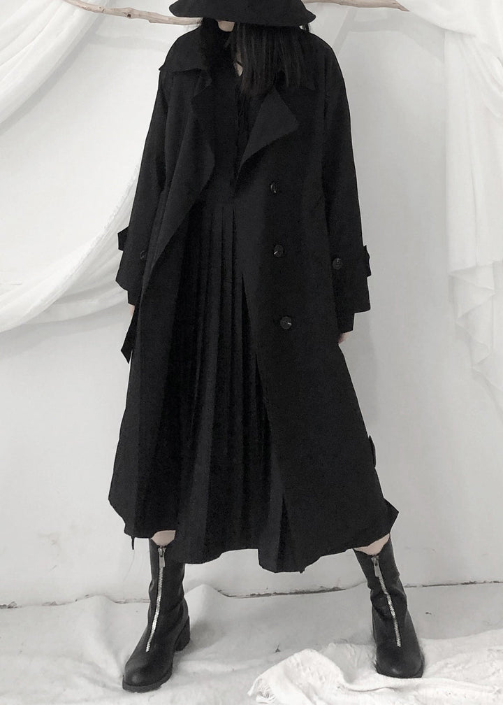 Drune | Schwarze Peter-Pan-Kragen Bänder Knopf Lange Trenchcoats Lange Ärmel