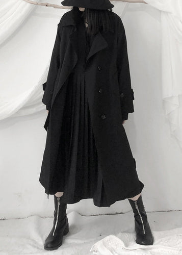 Drune | Schwarze Peter-Pan-Kragen Bänder Knopf Lange Trenchcoats Lange Ärmel
