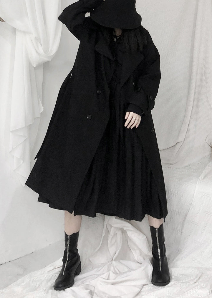 Drune | Schwarze Peter-Pan-Kragen Bänder Knopf Lange Trenchcoats Lange Ärmel