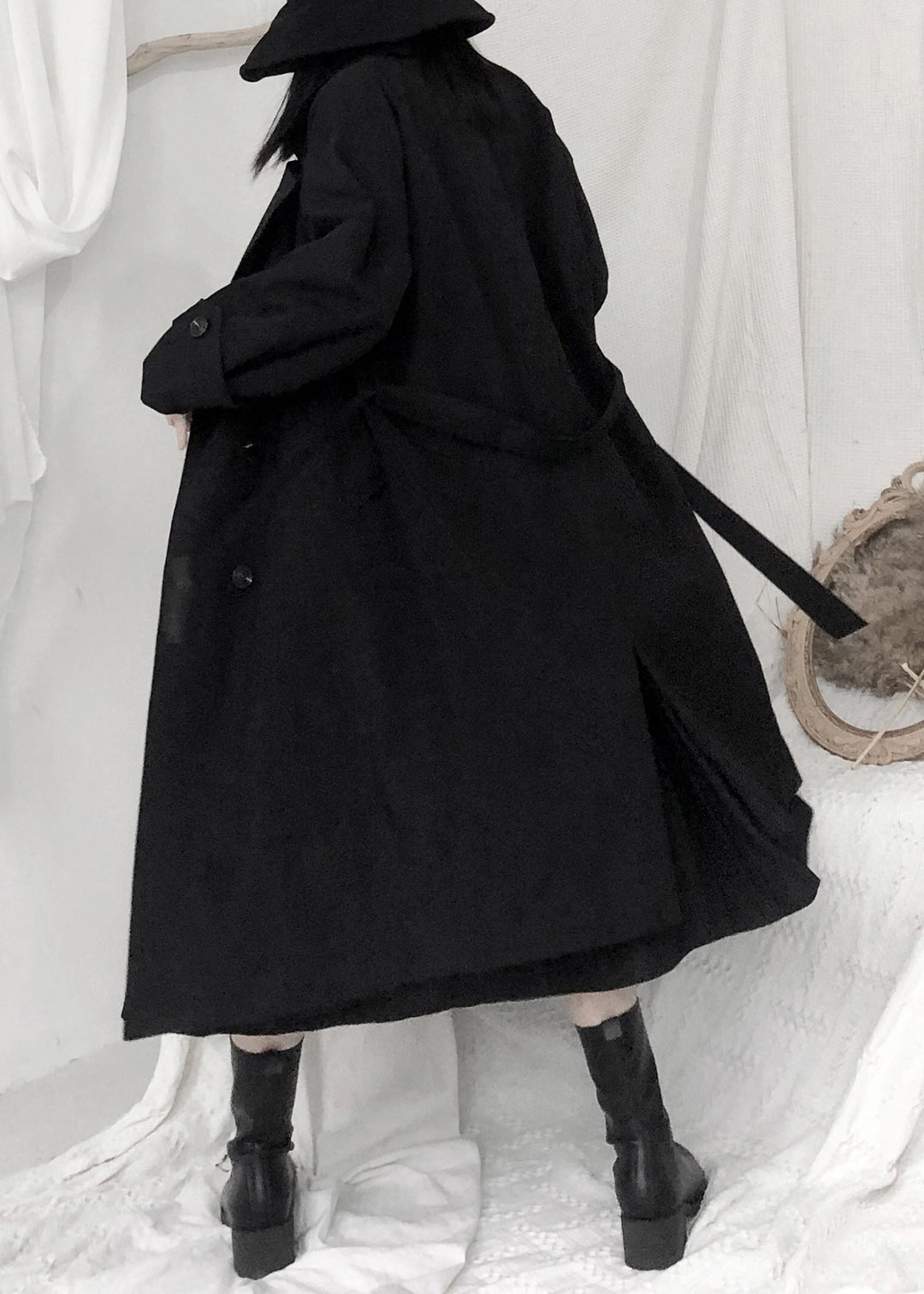 Drune | Schwarze Peter-Pan-Kragen Bänder Knopf Lange Trenchcoats Lange Ärmel