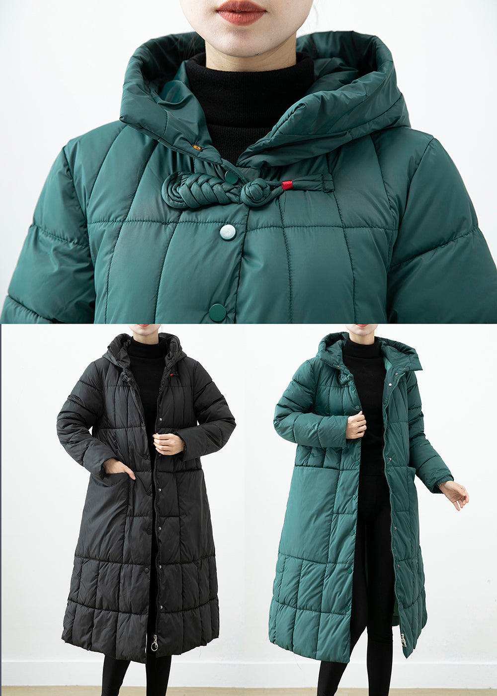 Drune | Schwarzgrüner Kapuzenmantel mit Taschen aus feiner Baumwolle gefüllt für den Winter