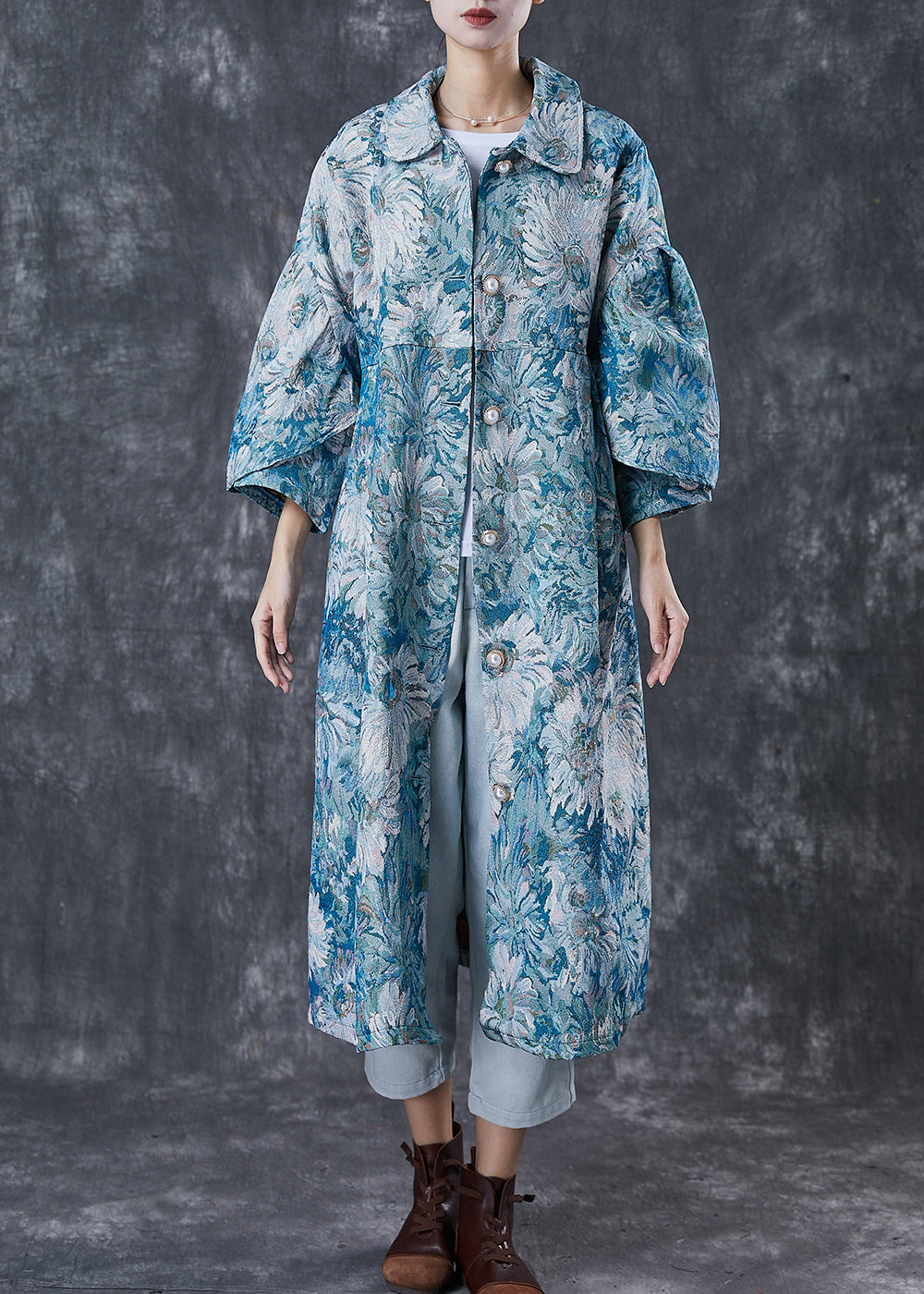 Drune | Blaue Übergroße Gänseblümchenmuster Baumwolltrenchcoats