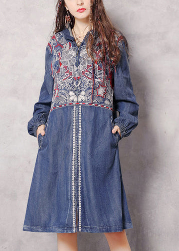 Drune | Blaue Reißverschluss Kapuzen bestickte Taschen Denim Trenchcoats