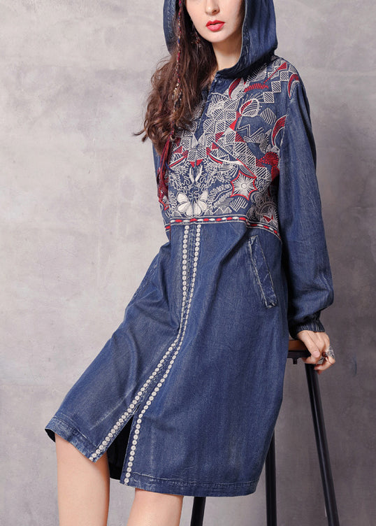 Drune | Blaue Reißverschluss Kapuzen bestickte Taschen Denim Trenchcoats