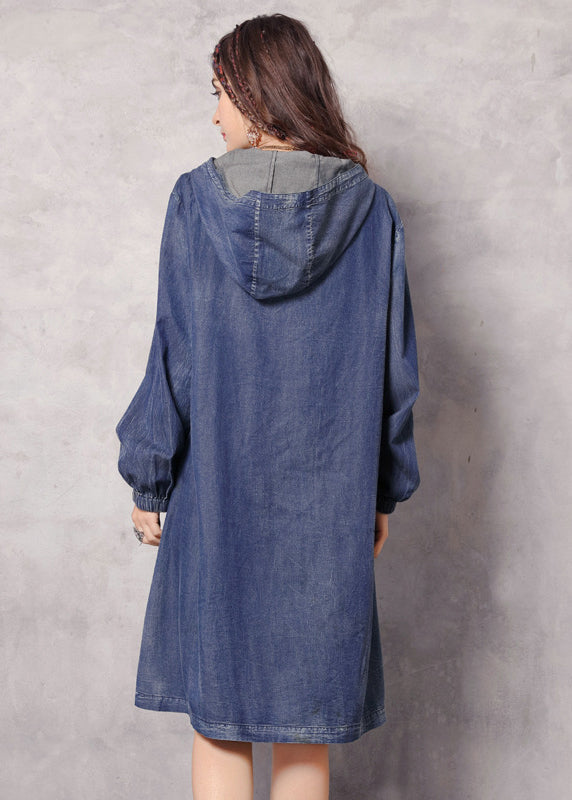 Drune | Blaue Reißverschluss Kapuzen bestickte Taschen Denim Trenchcoats