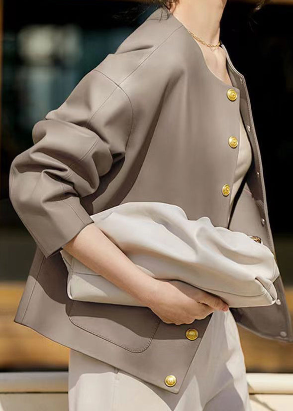 Drune | Graue O-Ausschnitt Taschen Patchwork Schaffell Mäntel