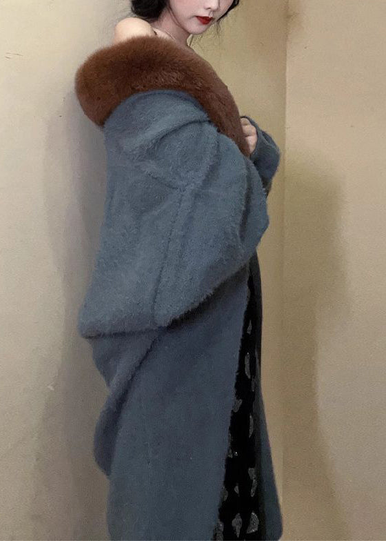 Drune | Haze Blue Pelzkragen Nerzhaar Strickmäntel Fledermausärmel