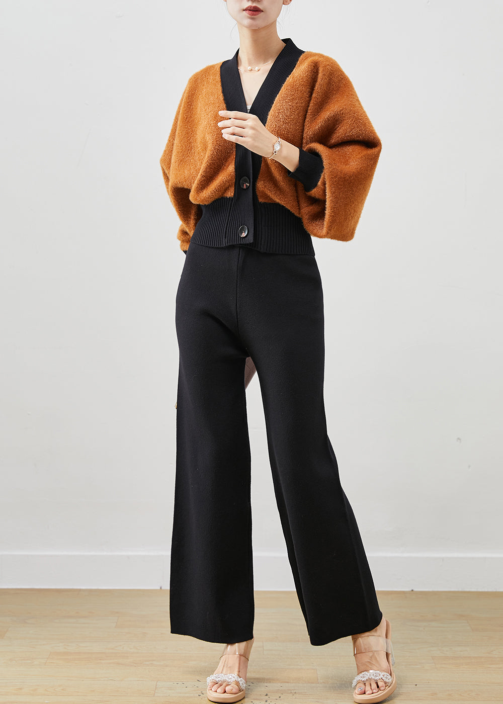 Drune | Khaki Dickstrick Mäntel und Gerade Hosen Zwei Teile Set