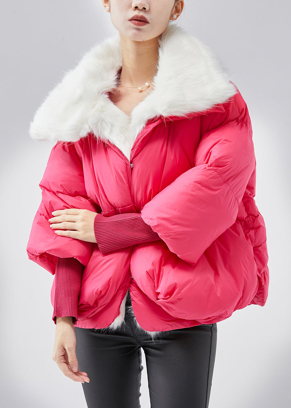 Drune | Pinker Pelzkragen Feine Baumwollgefüllte Winterkurzmäntel
