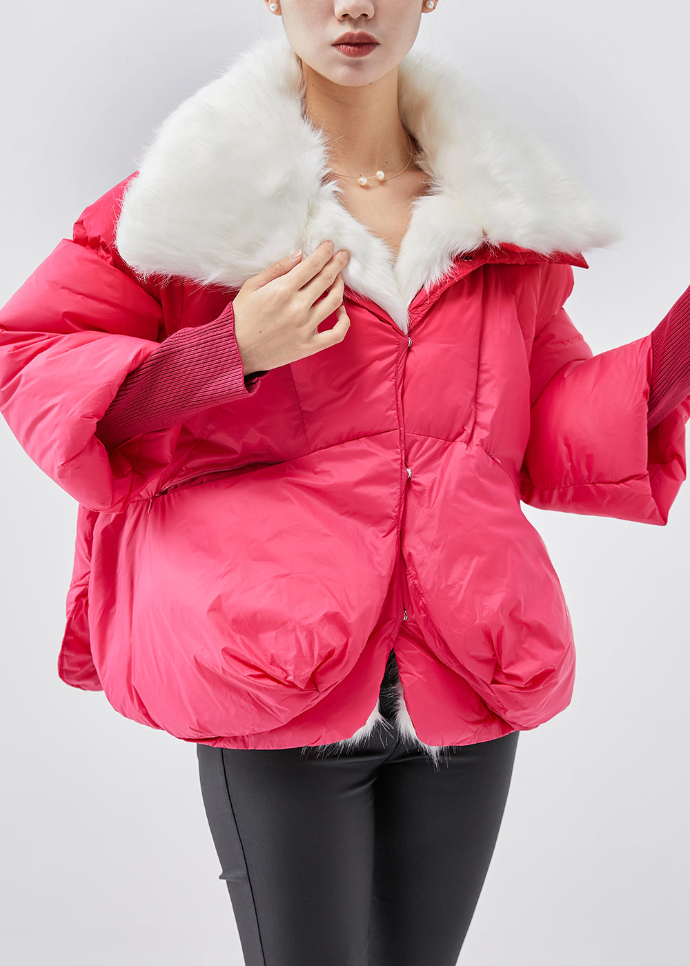 Drune | Pinker Pelzkragen Feine Baumwollgefüllte Winterkurzmäntel