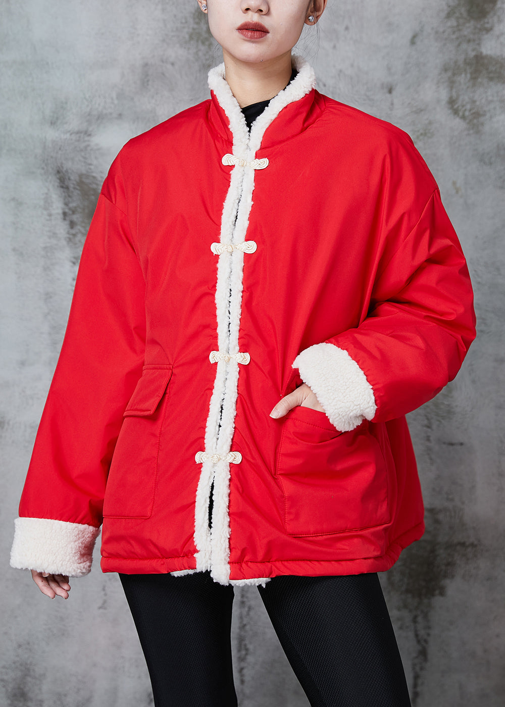 Drune | Rote chinesische Knopf Fleece-Woll gefütterte Jacken Winter