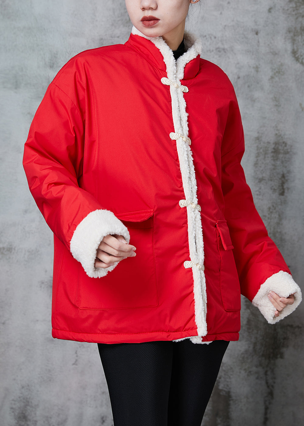 Drune | Rote chinesische Knopf Fleece-Woll gefütterte Jacken Winter