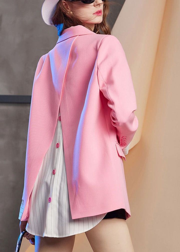 Drune | Pink Notched Patchwork Button Fake Two Pieces Coats Long Sleeve