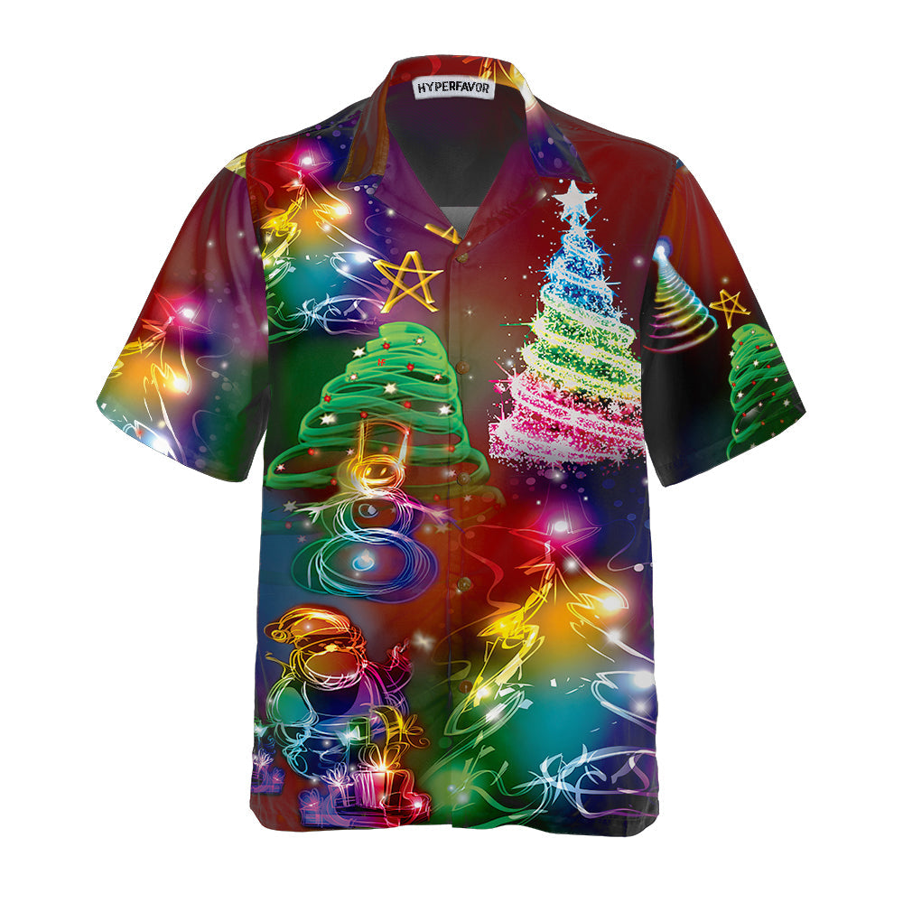 Drune | Helle Nacht Fröhliche Weihnachten Hawaiian-Shirt, 3D Farbiger Weihnachtsbaum Shirt, Bestes Geschenk Für Weihnachten