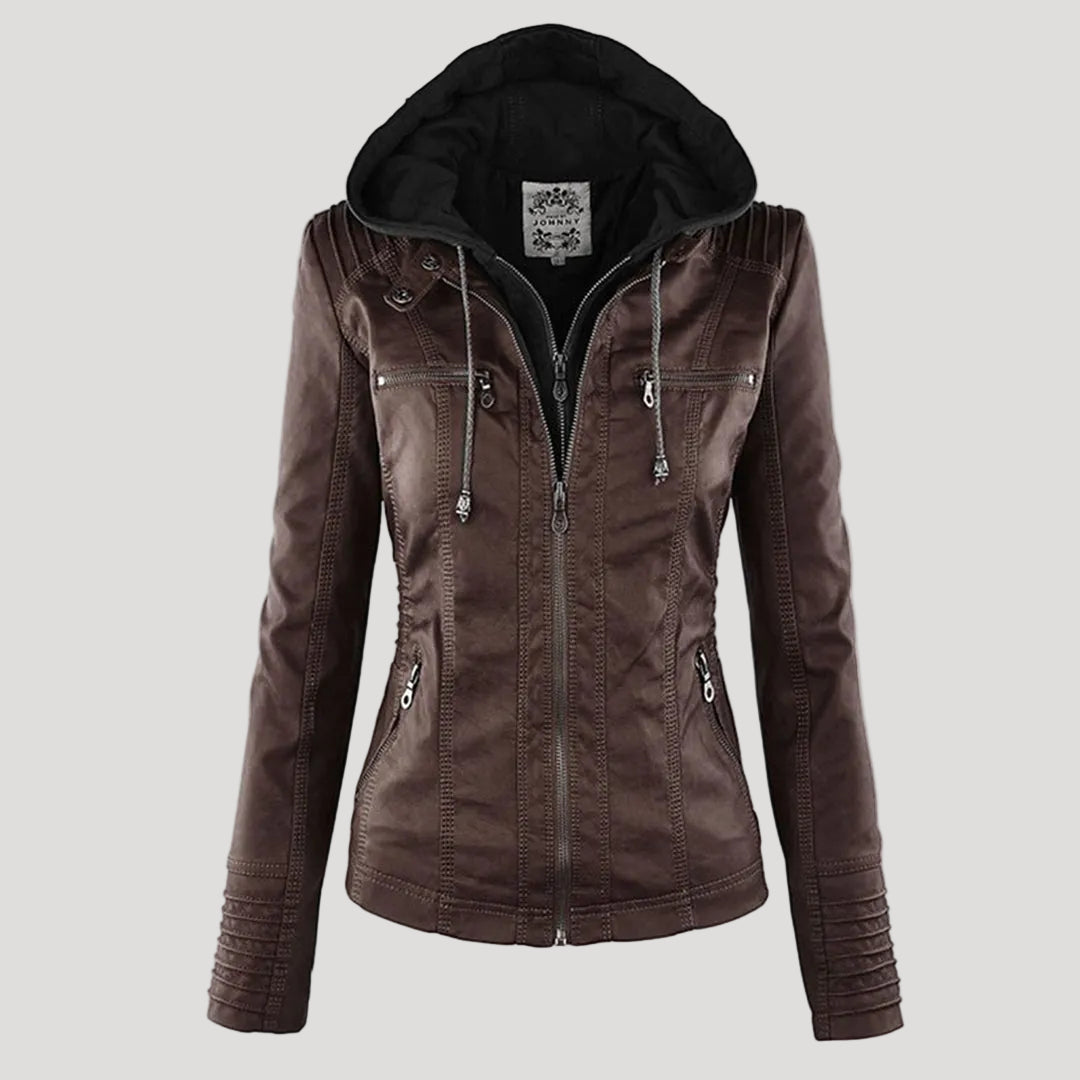 Drune | Wetterfester Damen Faux Lederjacke mit Kapuze