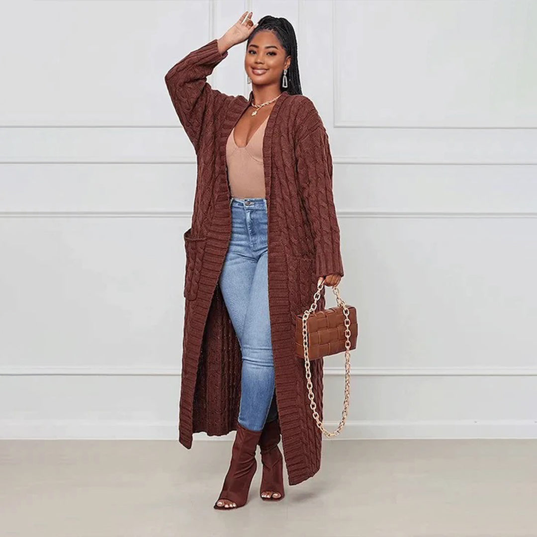 Drune | Damen Strickcardigan mit Zopfmuster – Offener Oversize Mantel für Herbst & Winter