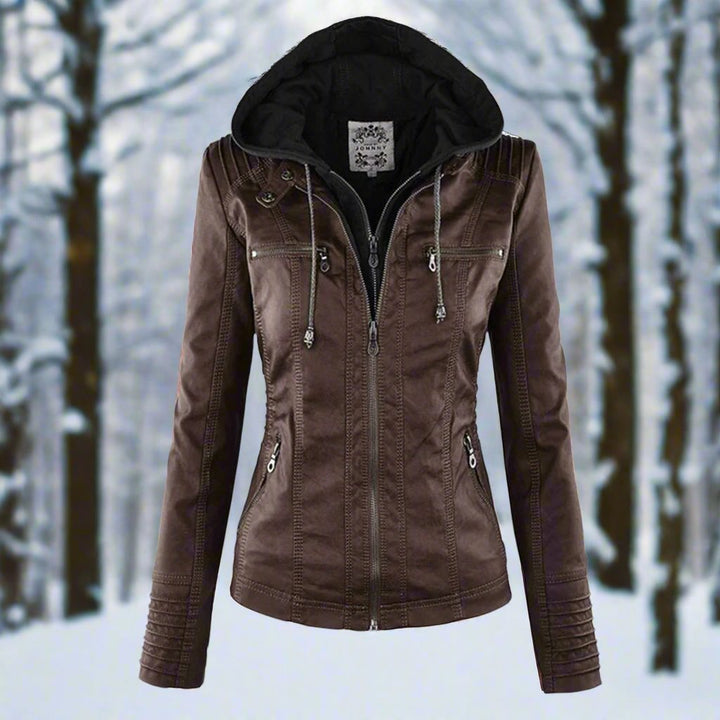 Drune | Leder Kapuzen Bikerjacke Slim Fit Reißverschlusstaschenjacke