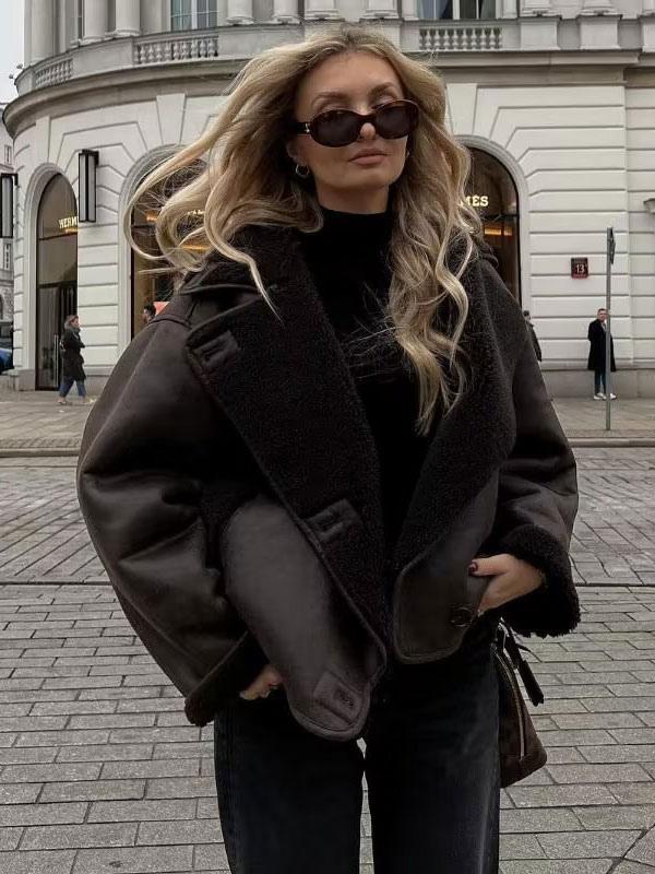 Drune | Damen Braun Lederjacke mit Fleece-Futter und Langen Ärmeln