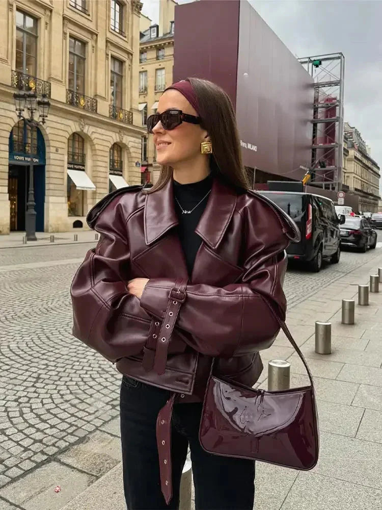 Drune | Lederjacke Damen Kunstleder Bikerjacke mit Gürtel