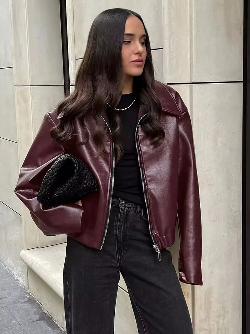 Drune | Lederjacke Übergröße mit Reißverschluss Leder Bomberjacke Lederjacke Damen