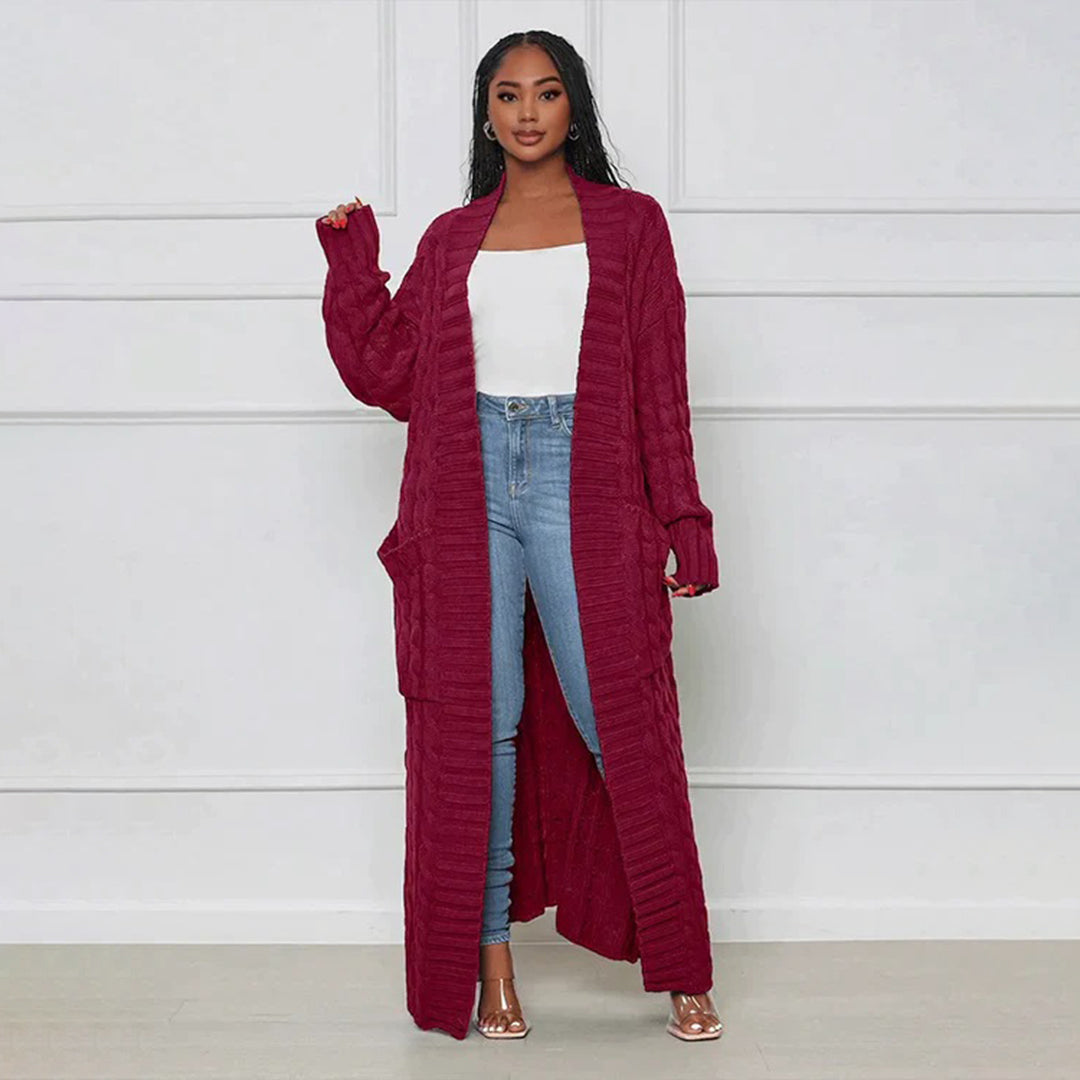 Drune | Damen Strickcardigan mit Zopfmuster – Offener Oversize Mantel für Herbst & Winter