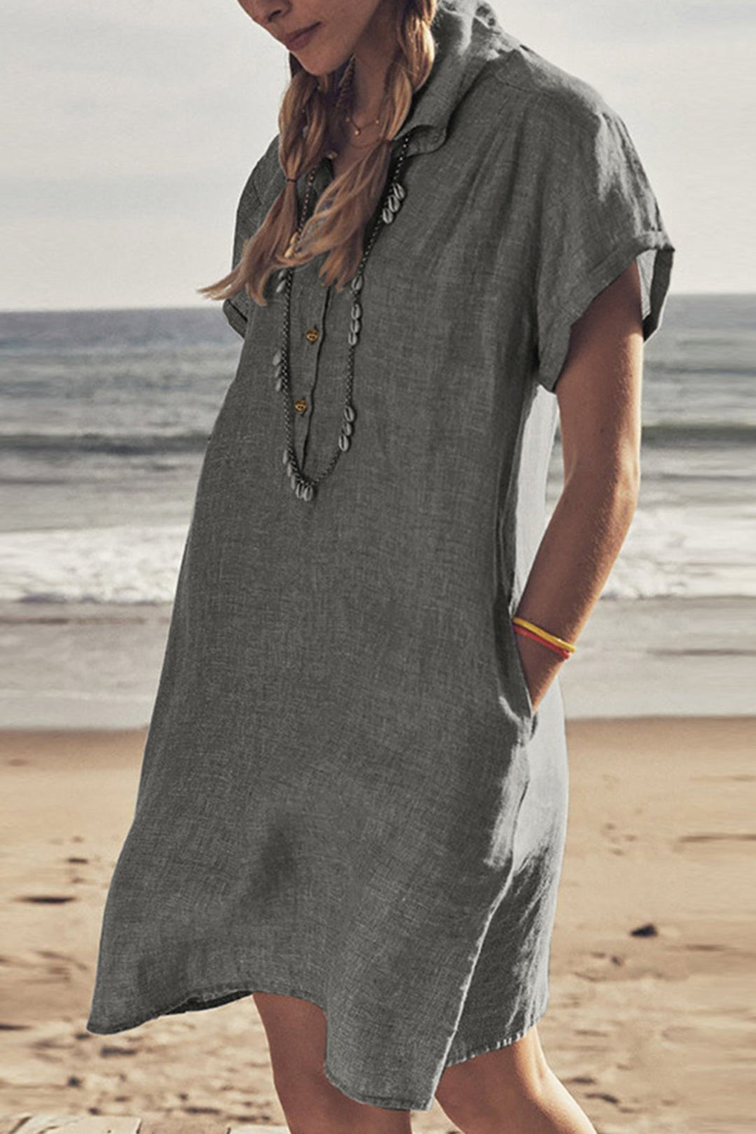Drune | Knopfverschluss Baumwoll-Leinen Strandkleid