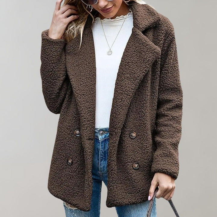 Drune | Damen Sherpa-Jacke - Weiche fliessende Textur - Oversized Fit - Doppelt knöpfiger Reversmantel